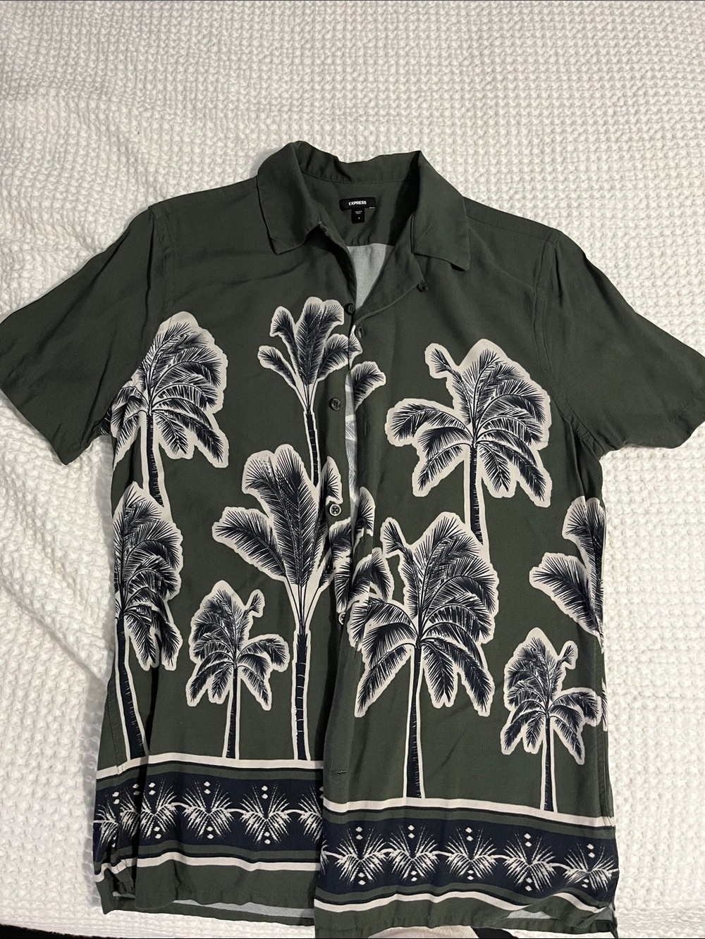 Express Olive Green Palm Tree Cuban Collar Button-Down Shirt